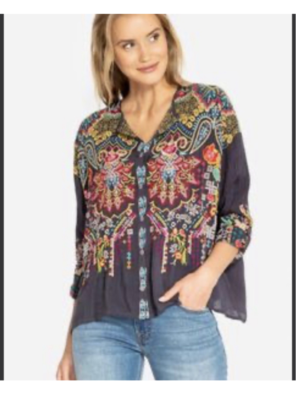 Johnny Was Valley Gray Heavy Embroidered Tunic Top Large Floral Paisley C10918-7